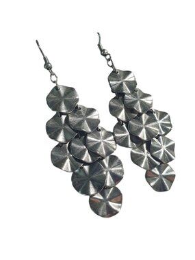 Silver Tone Dangle Disc Chandelier Earrings Layered Circular Textured Hook Back